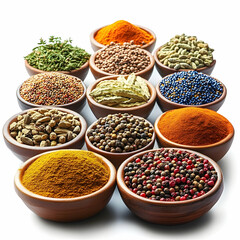 Assortment of spices and herbs in wooden bowls against white background