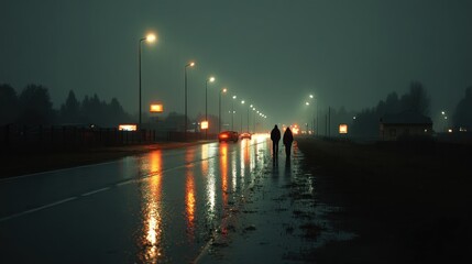 Naklejka premium Night walkers rainy city street
