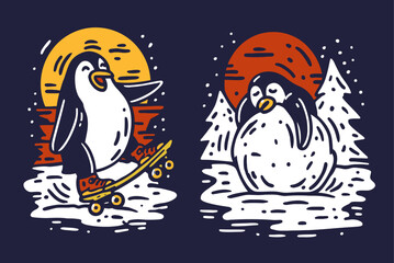 Cute Penguin Skateboarding and Relaxing in a Winter Wonderland Scene