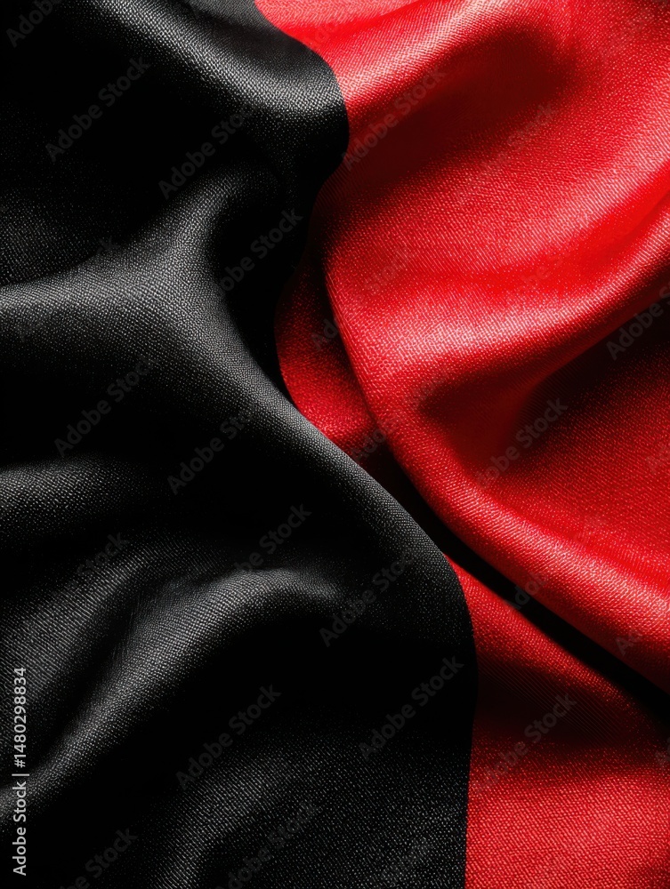 Poster abstract macro shot of black and red silk fabric with elegant folds creating a luxurious background 