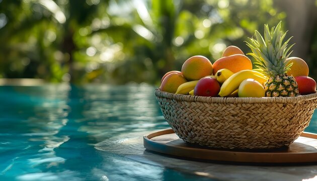 Tropical fruit basket by poolside in sunlight.