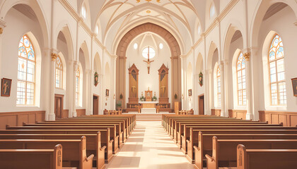 Fototapeta premium Church Interior with Pews, Altar, and Stained Glass Windows