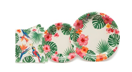 Round Floral Disposable Plates on White Background