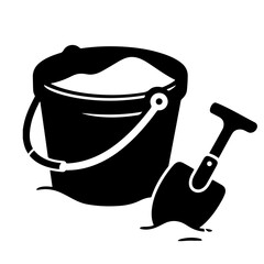 A black silhouette of a sand bucket and shovel on a white background.  Simple vector illustration. Perfect for summer, beach, and kids' themes. © Zulfa