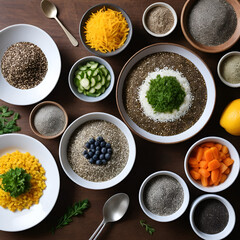 une photographie d'un repas de famille vu de haut ou l'on voit une table remplis de nourriture avec des graines de chia, il faut sue ce soit chic et lumineux