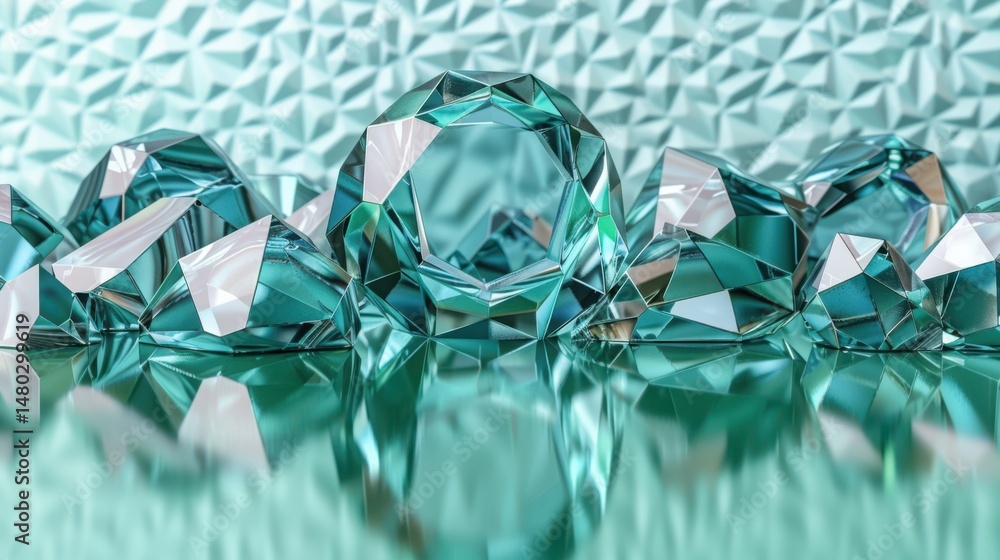 Poster geometric green glass texture background with soft reflections and angular shapes