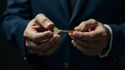 Man Holding Golden Key, Close Up