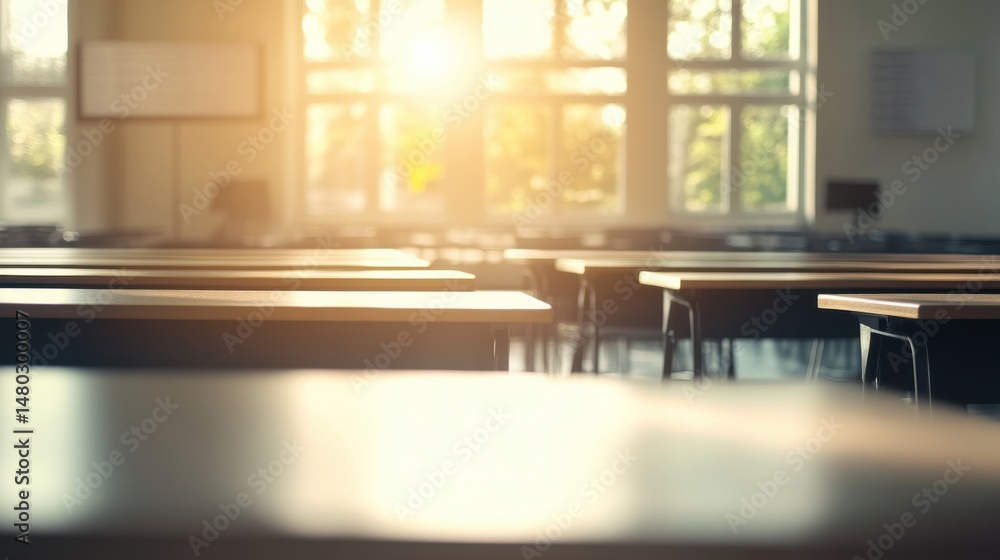 Poster bright and empty classroom with sunlight streaming through windows