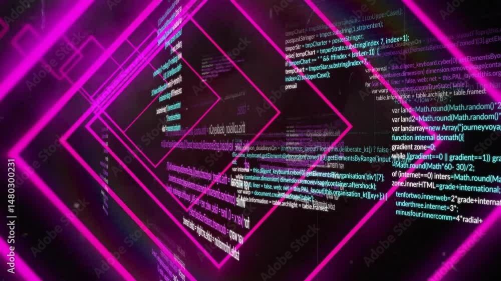 Poster magenta neon diamond frames gliding into dark void, floating code snippets in 3d render