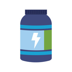 Vector Illustration of a Blue Protein Powder Supplement Container with a Lightning Bolt Logo, Representing Energy and Fitness