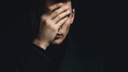 Naklejka premium Close-up portrait of a person covering their face in shadow.