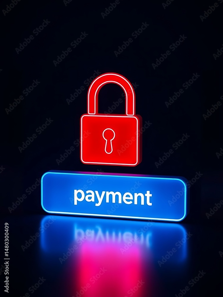 Poster secure online payment system neon sign design featuring a red padlock icon over a blue payment butto