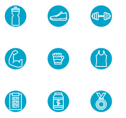 Rounded Teal Fitness Icon Set: Outline Style Vector Illustration