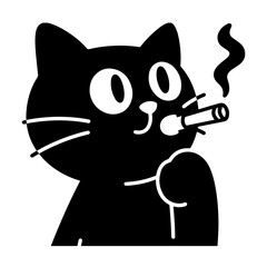 A cute black cat is smoking a cigarette.  The image is a black and white vector illustration, with a minimalist style.