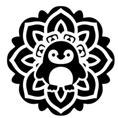 Cute penguin in black and white mandala. Vector illustration.