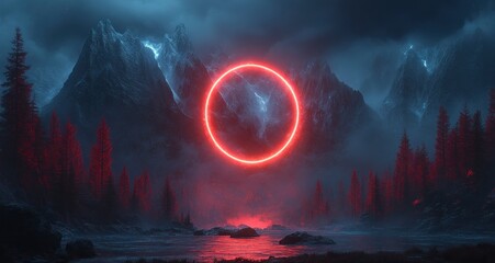 Fototapeta premium Misty mountain scene with a radiant red circle