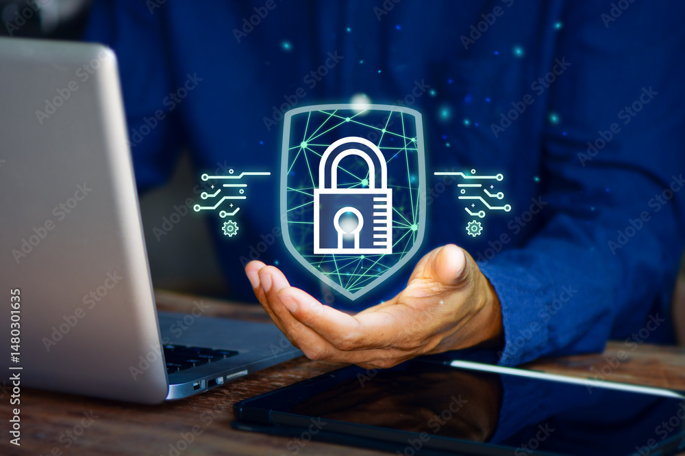 Poster cyber security network. businessman holding padlock shield icon and internet technology networking a