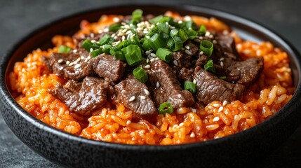 Fototapeta premium Spicy beef rice bowl topped with sesame seeds and green onions