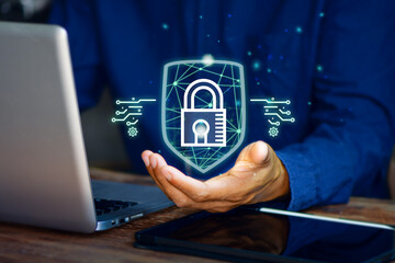 Cyber security network. Businessman holding Padlock shield icon and internet technology networking and protecting data personal information. privacy security. Data protection privacy concept.