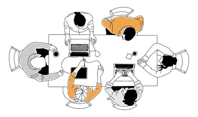 Creative business team working together around table with laptops, tablets, coffee. Sketch style vector illustration, top view of brainstorming, teamwork, meeting, and collaboration scene