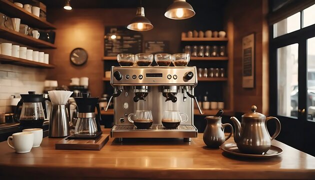 Warmly lit cafe showcases an espresso machine with filled cups, offering a cozy, inviting ambiance.