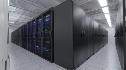 Modern data center corridor with high-capacity server racks under bright white ceiling lights, ideal for illustrating IT infrastructure, networking, and cloud storage systems