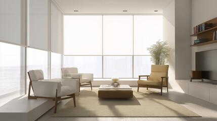 Fototapeta premium Minimalist living room with clean lines and neutral tones, embodying modern simplicity and serene elegance.