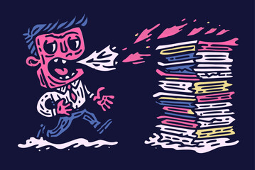 Cartoon Character Blowing Fire with Stack of Papers Illustration