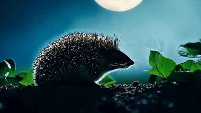 Cute small brown prickly hedgehog in the forest grass