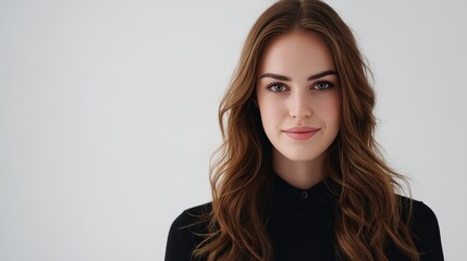 Obraz premium Confident Young Woman with Long Hair in a Minimalist Studio Setting
