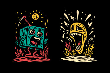 Obraz premium Colorful Cartoon Characters with Expressive Features on Black Background