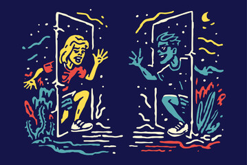 Colorful Illustration of Two Characters Exiting Doorways at Night