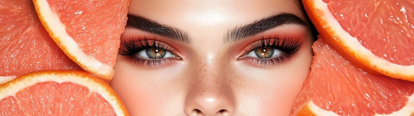 Obraz premium Close-up of woman's face surrounded by grapefruit slices with vibrant makeup