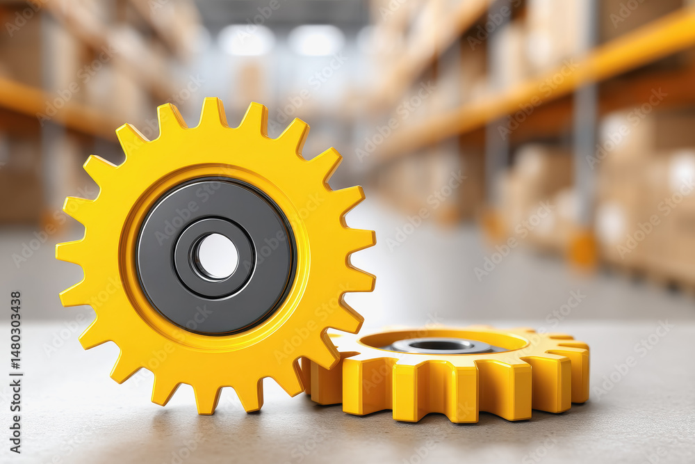 Poster gear and yellow cog in a factory setting illustrating importance of industrial maintenance software 