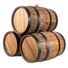 Three wooden barrels stacked together with metal bands.