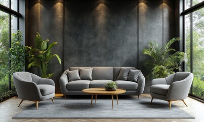 Modern, gray living room with dark walls and plants.