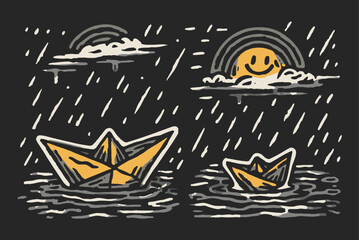 Obraz premium Hand-Drawn Illustration of Boats and Sunny Sky with Rain