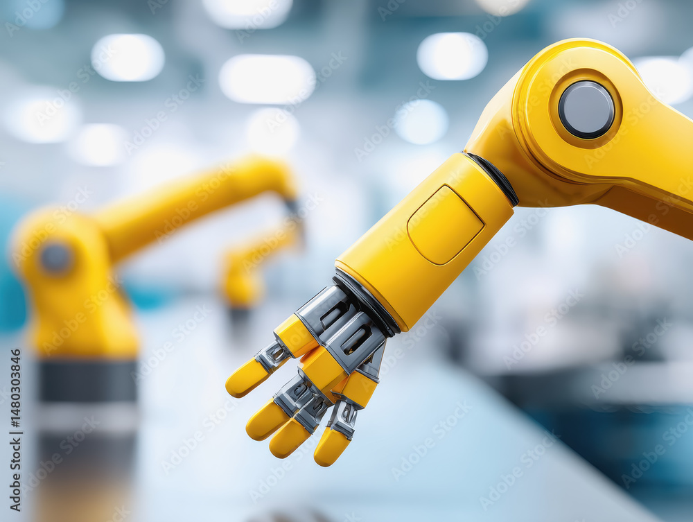 Poster a state-of-the-art robotic hand in action within an industrial production environment, enhancing eff