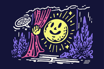 Colorful Illustration of a Smiling Sun Behind a Curtain
