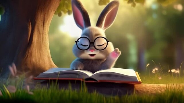 Kaninchenbaby mit Brille und Buch (3D-Stil)