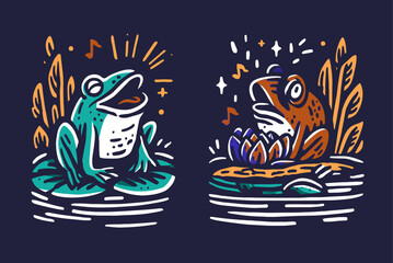 Colorful Frog Illustration with Musical Notes and Water Elements