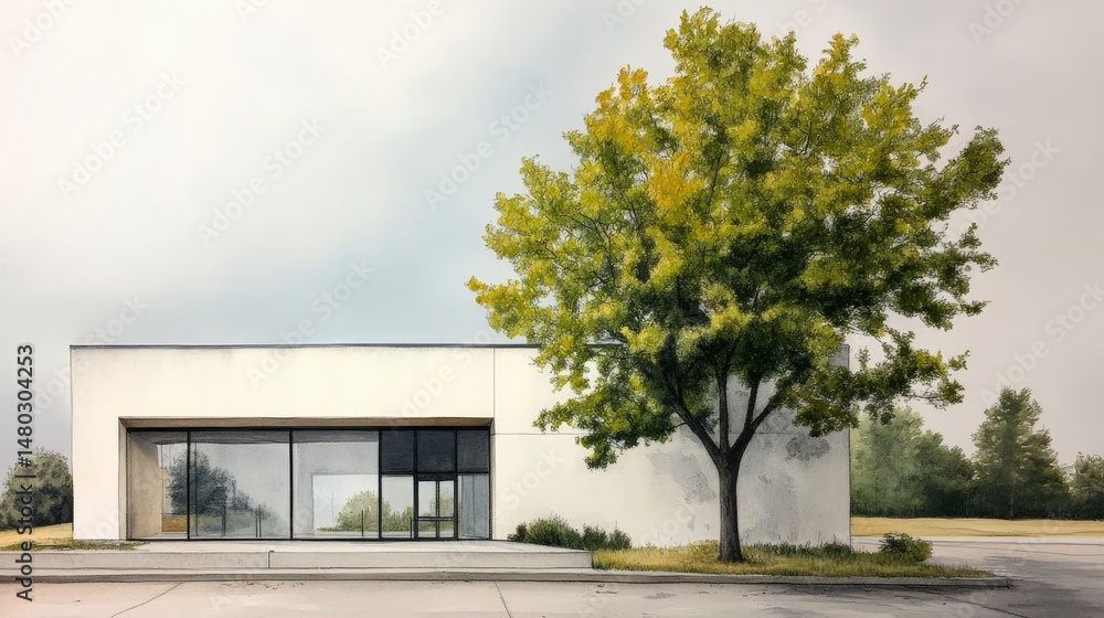 Poster Minimalist Modern Architecture with Large Tree in Front of White Building on a Cloudy Day