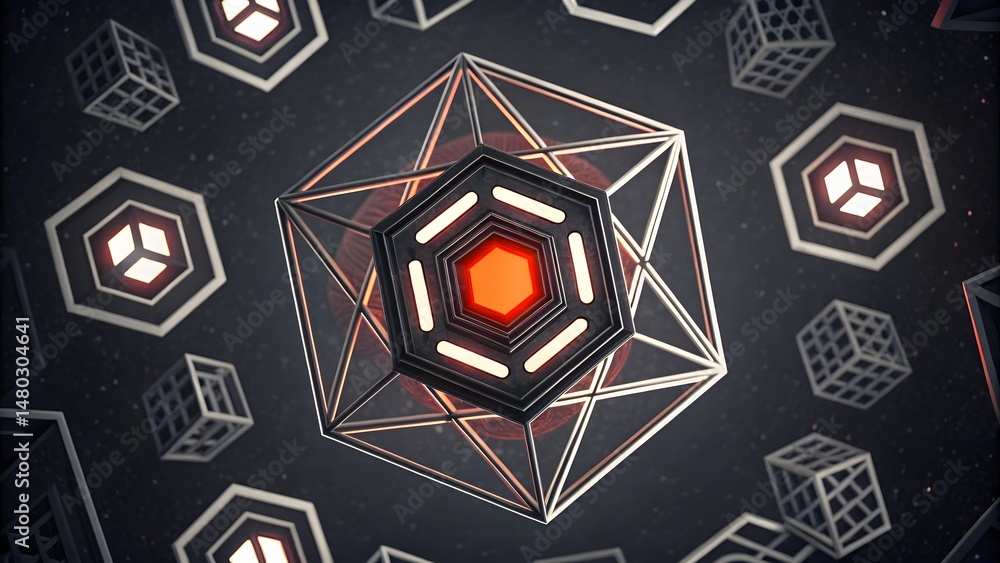 Poster geometric shapes floating in a dark space with a central glowing cube and hexagon design element