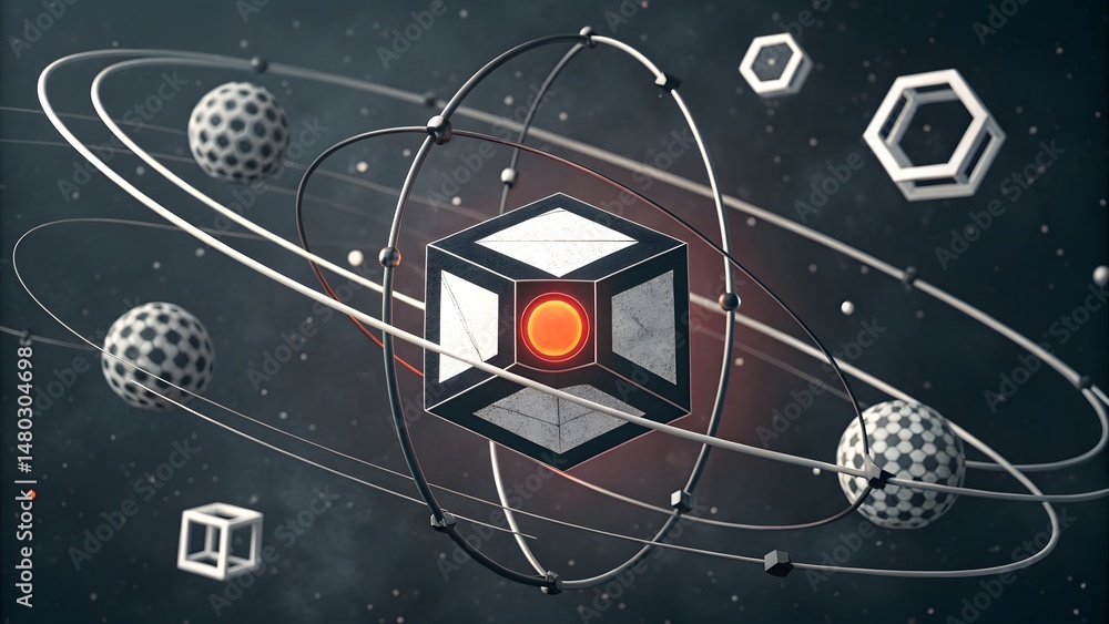 Poster a stylized atom model with a central cube and orbiting spheres against a dark space background