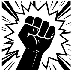 A powerful black clenched fist bursts from a white background with radiating lines, creating a dynamic and impactful image.  Vector art style.
