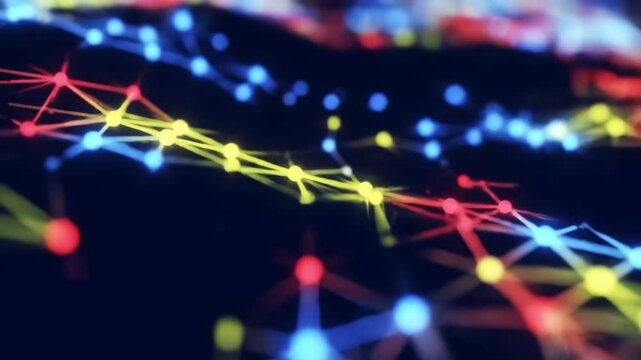 Dynamic and colorful representation of a digital network with vibrant nodes connected by lines, showcasing interactivity and complexity in a dark background, creating an engaging visual experience.