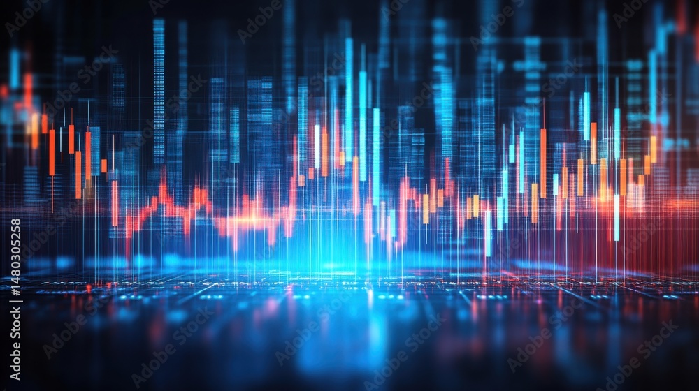 Poster abstract digital financial data visualization with colorful chart lines