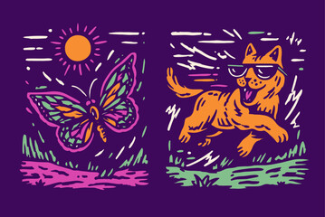 Colorful Illustration of a Butterfly and a Playful Dog on Shirt