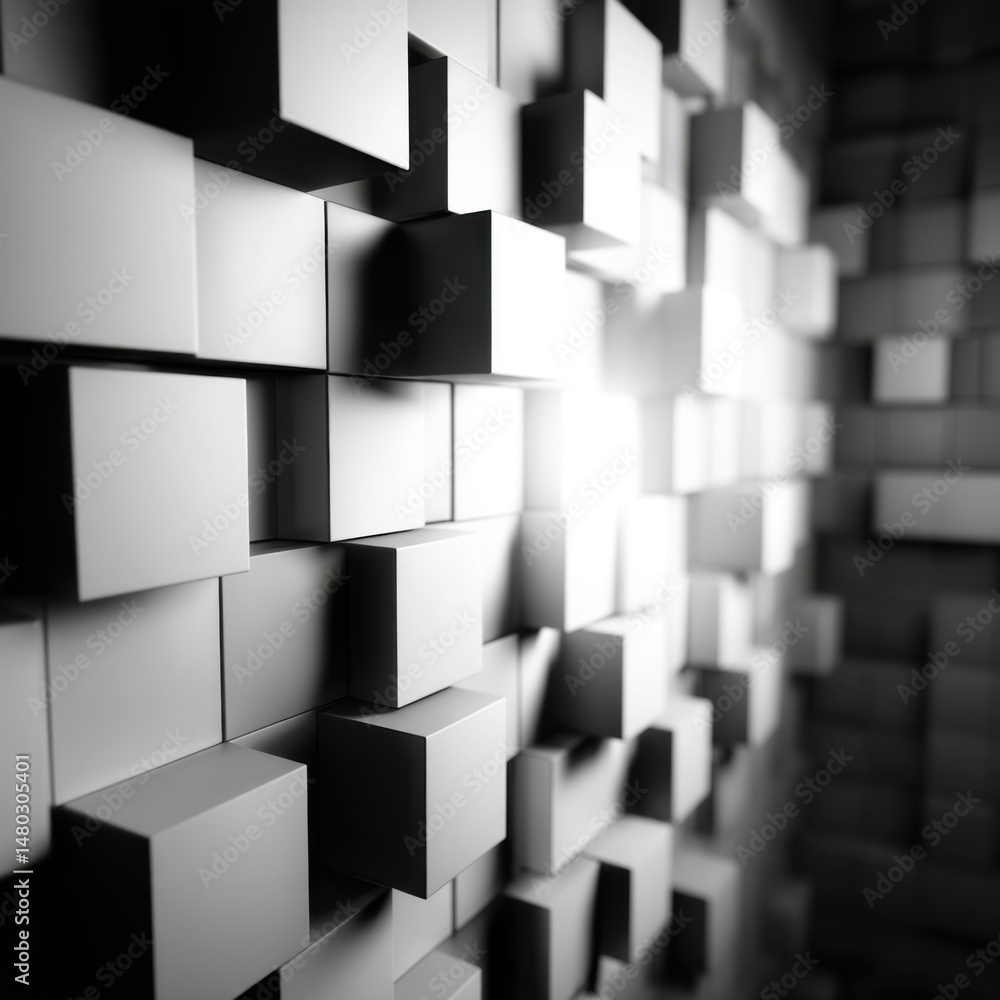 Poster abstract cubes in white and gray tones perspective view geometric arrangement with light and shadow 