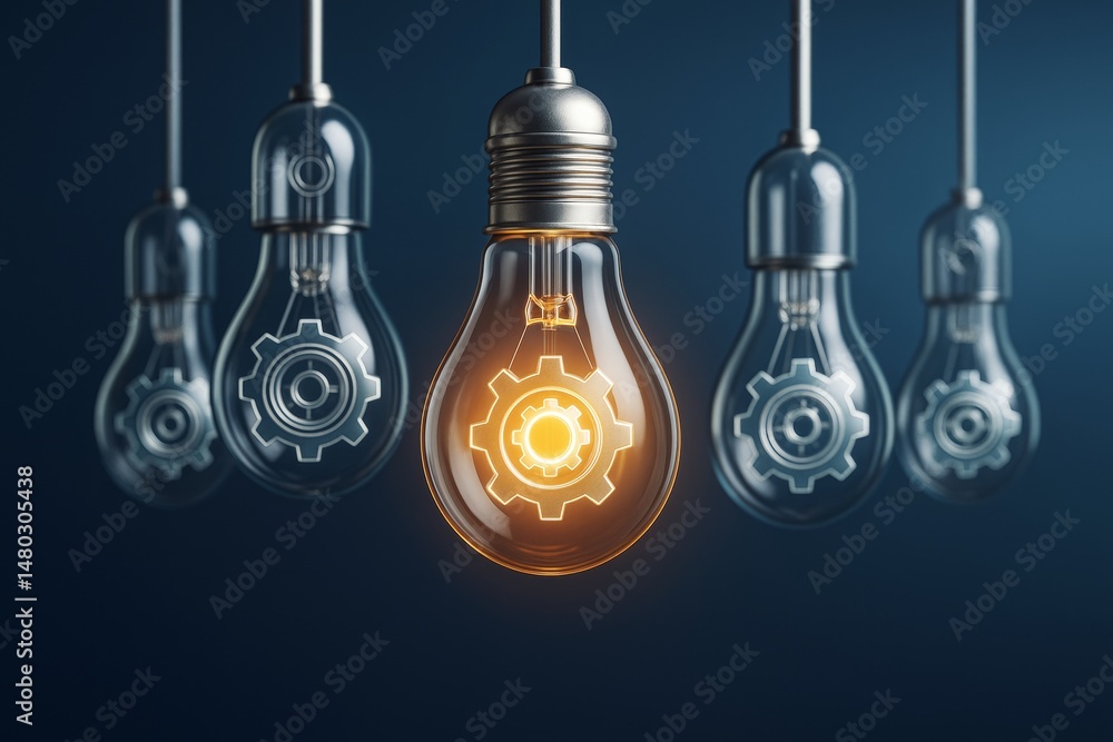 Poster glowing light bulb with gear symbol among others on dark background symbolizing innovation and creat